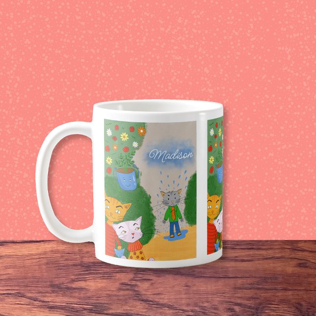 Lönsam Tecknad Katt-kaffe Mugg med Namn (Whimsical cartoon cats mug with name . )