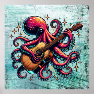 Lönsam Tecknad Octopus spelar Guitar Poster