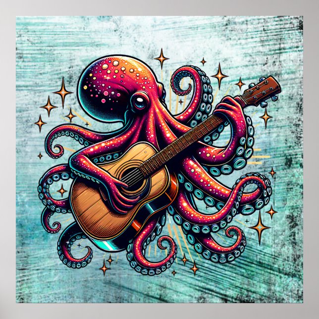 Lönsam Tecknad Octopus spelar Guitar Poster (Framsidan)