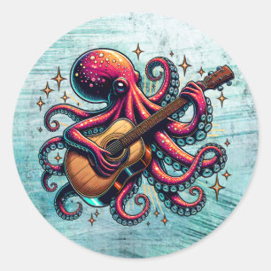 Lönsam Tecknad Octopus spelar Guitar Runt Klistermärke