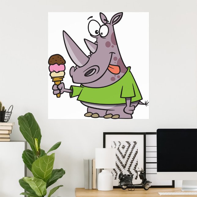Lönsam Tecknad Rhino Eating Ice Cream Cute Animal Poster (Skapare uppladdad)