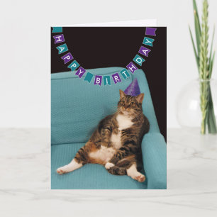 Lönsam Tjock Kat i Lila Hat Grattis på födelsedage Kort
