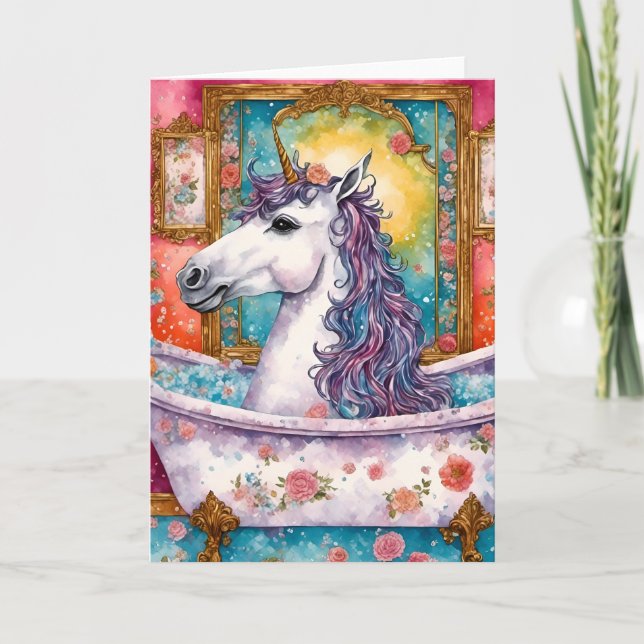 Lönsam Unicorn i ett Bathtub Tillfällen Card Kort (Framsida)