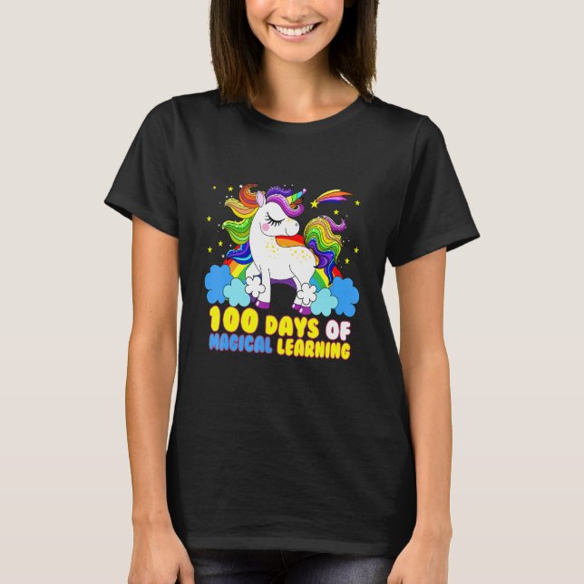 Lönsam Unicorn Lycklig 100 dagar med magiskt läran T Shirt (Framsida)