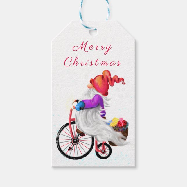 Lönsamma Juletiketter Gnome med Bike Gifts Presentetikett (Framsidan)