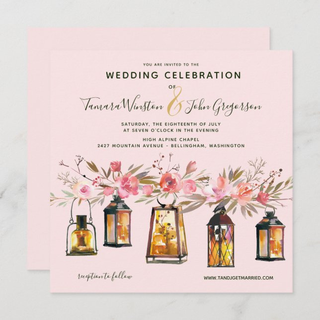 Lönternor för Guld i Rustic Ro och Ljus Blommigt B Inbjudningar (Fram/baksida)