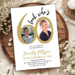 Look who's 60 elegant 2 photo 60th birthday party inbjudningar<br><div class="desc">Trendy bold black and gold typography Look Who's sixty chic white 60th birthday party invitation with 2 photos and modern script. Easy to personalize with your details and pictures.</div>