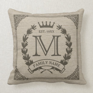 Looken för Burlap för familjlogotypmonogramen Kudde