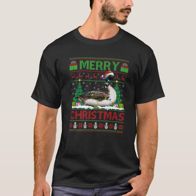 Loon Bird Älskare Julafton Lighting Santa Ugly Loo T Shirt (Framsida)