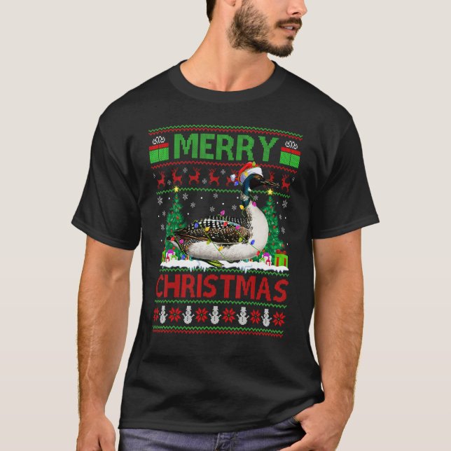Loon Bird   Xmas Tree Lights Ugly Santa Loon Chris T Shirt (Framsida)