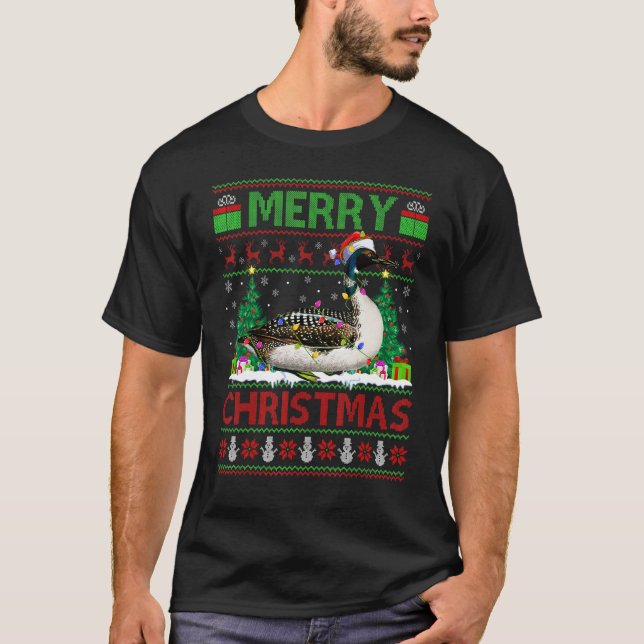 Loon Bird  Xmas Tree Lights Ugly Santa Loon Christ T Shirt (Framsida)
