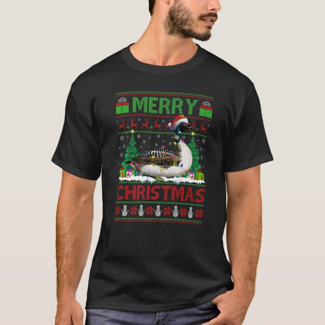 Loon Bird  Xmas Tree Lights Ugly Santa Loon Christ T Shirt (Framsida)