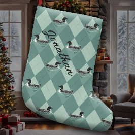 Loon Birds Soft Teal Argyle Mönster Sjö Cabin Stor Julstrumpa