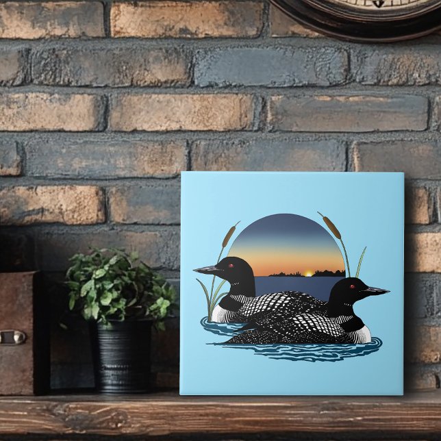 Loon Couple Sunset Blue Kakelplatta (Skapare uppladdad)