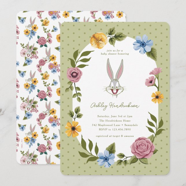 LOONEY TUNES™ | BUGS BUNNY™ Blommig Baby Shower Inbjudningar (Fram/baksida)