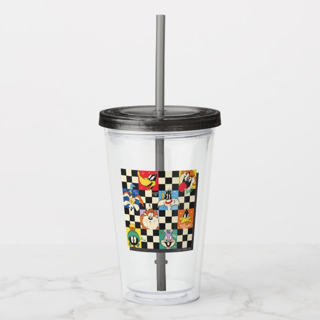 LOONEY TUNES™-tecken på Black & White Checker Take Away Mugg (Framsida)