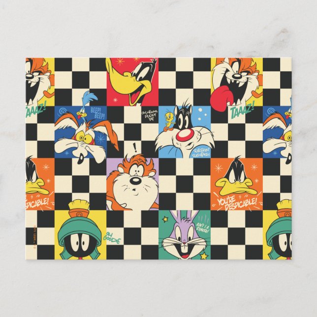LOONEY TUNES™-tecken på svart-vit rutig bakgrund Vykort (Framsida)
