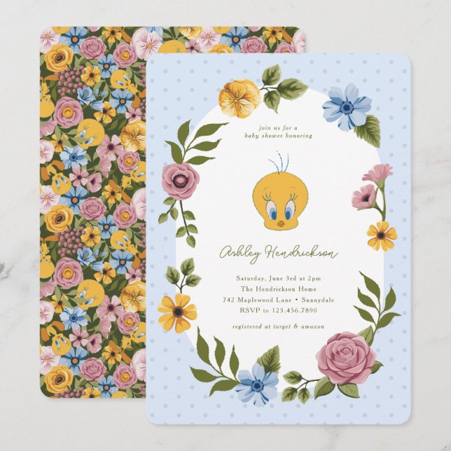 LOONEY TUNES™ | TWEETY™ Blommig Bebis Shower Inbjudningar (Fram/baksida)
