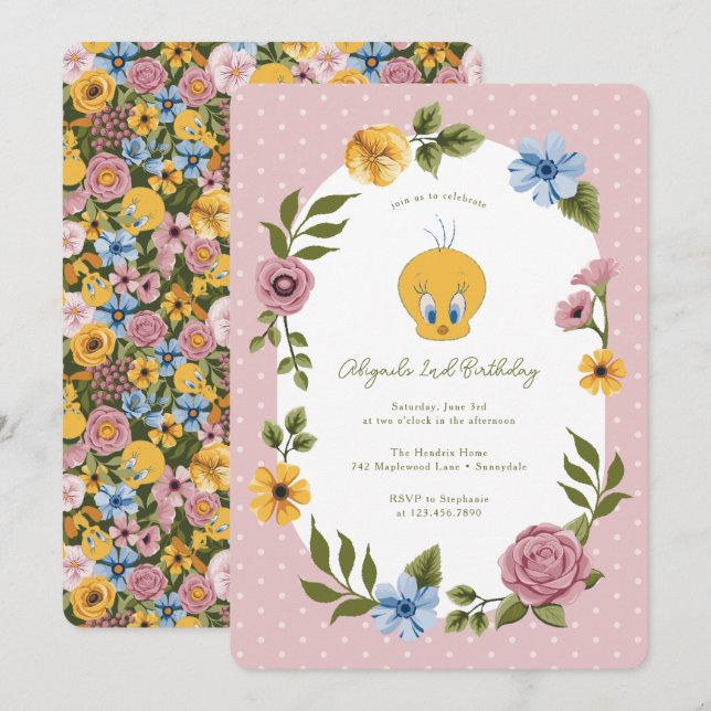 LOONEY TUNES™ | TWEETY™ Blommigt Birthday Inbjudningar (Fram/baksida)