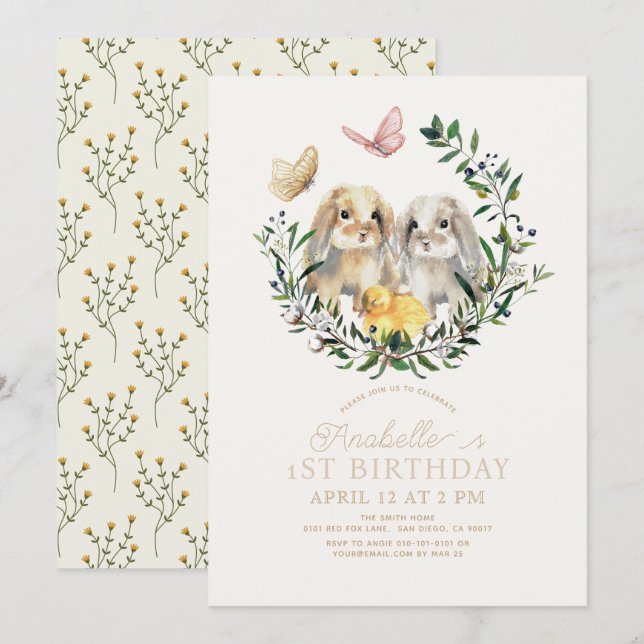 Lop Rabbit Bunny Chick Butterfly 1:a födelsedagen Inbjudningar (Fram/baksida)