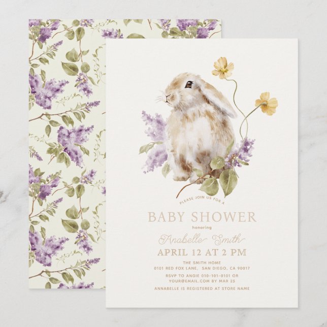 Lop Rabbit Bunny Lila Lilac Blommigt Baby Shower Inbjudningar (Fram/baksida)
