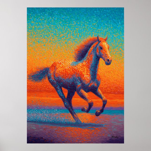 Löpande Häst Pointillism Strand Solnedgång Poster (Framsidan)