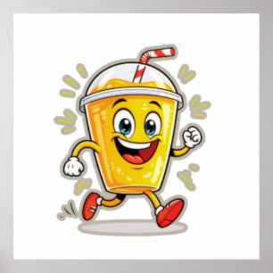 **Löpande Juice Cup Cartoon – Rolig Gatdrink Cha Poster
