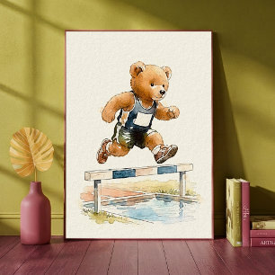Löpande Teddybjörn Häcklöpare Djur Sport Barnkamma Poster