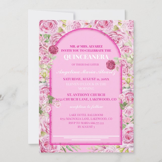 loral Rose Pink Quinceanera Invitation Inbjudningar (Framsida)