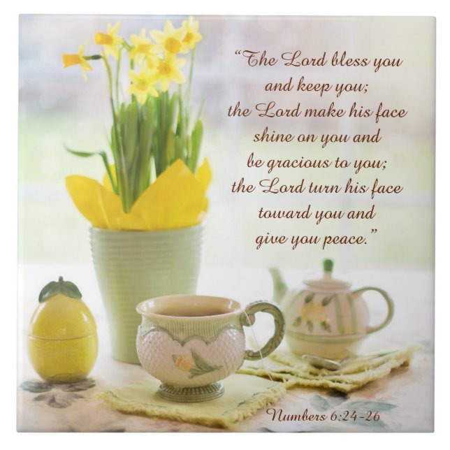 Lord Bless You Bible Verse Tea Party Daffodils Kakelplatta (Framsidan)