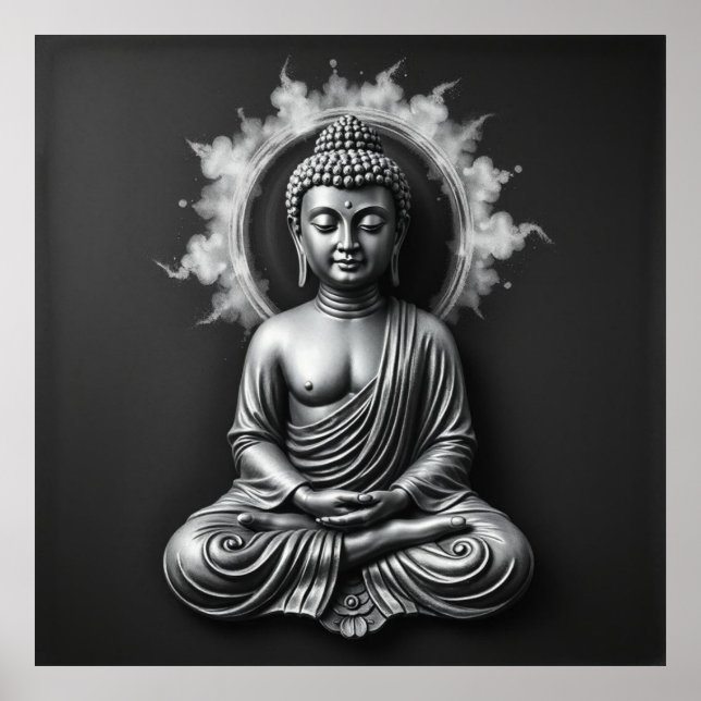 Lord Buddha - Serene Charcol Art Porträtt Poster (Framsidan)