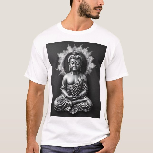 Lord Buddha - Serene Charcol Art Porträtt T Shirt (Framsida)