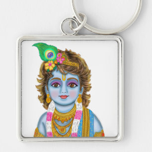 Lord Child Krishna Keychain Fyrkantig Silverfärgad Nyckelring