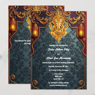 Lord Ganesh blue guld luxurious indian bröllop Inbjudningar