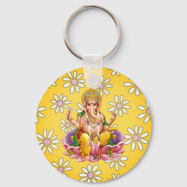 Lord Ganesh Divine Gult Blommigt keychain Nyckelring (Framsida)