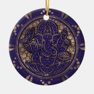 Lord Ganesha Dot Art Lila och Guld Julgransprydnad Keramik
