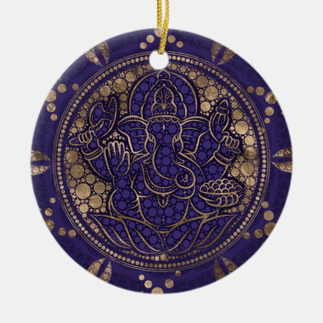Lord Ganesha Dot Art Lila och Guld Julgransprydnad Keramik (Framsidan)