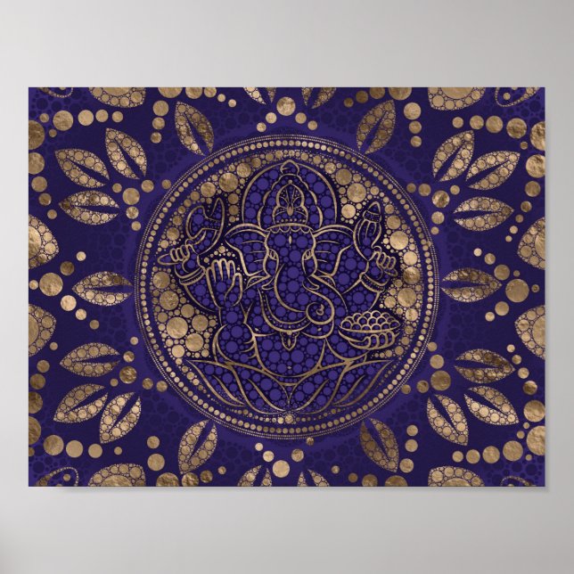 Lord Ganesha Dot Art Lila och Guld Poster (Framsidan)