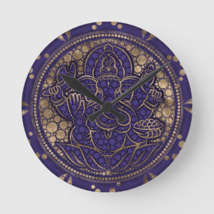 Lord Ganesha Dot Art Lila och Guld Rund Klocka