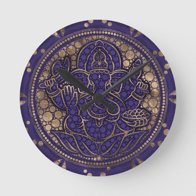 Lord Ganesha Dot Art Lila och Guld Rund Klocka (Framsida)