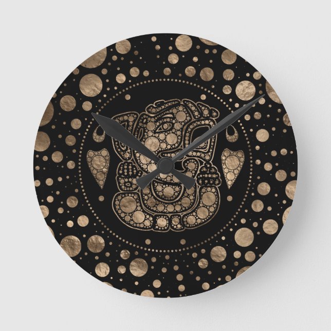 Lord Ganesha Guld och Black Dot Art Rund Klocka (Framsida)