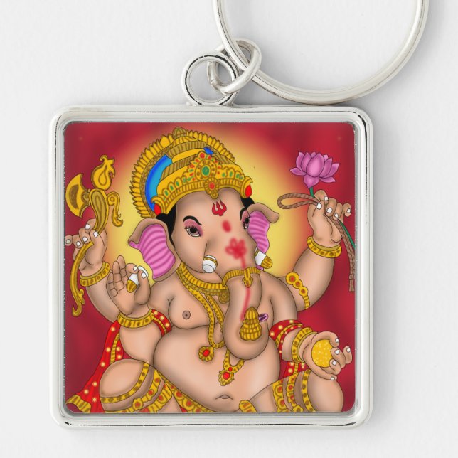 Lord Ganesha Keychain Fyrkantig Silverfärgad Nyckelring (Framsidan)