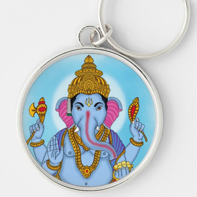 Lord Ganesha Keychain Rund Silverfärgad Nyckelring (Framsidan)