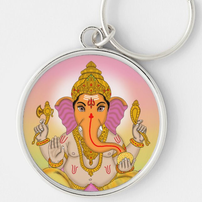 Lord Ganesha Keychain Rund Silverfärgad Nyckelring (Framsidan)