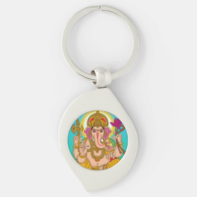 Lord Ganesha Keychain Swirl Silverfärgad Nyckelring (Framsidan)