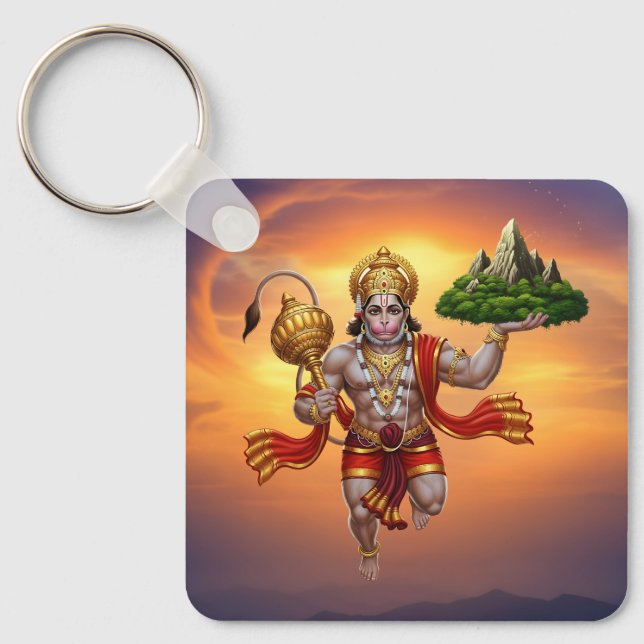 Lord Hanuman Flies Liiting Mountain Nyckelring (Framsida)