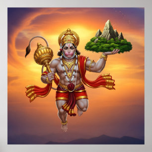 Lord Hanuman Flies Liiting Mountain Poster