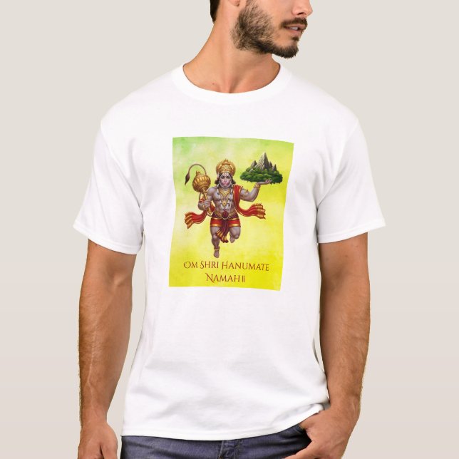 Lord Hanuman Flies Liiting Mountain T Shirt (Framsida)