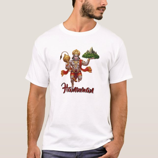 Lord Hanuman Flies Liiting Mountain T Shirt (Framsida)