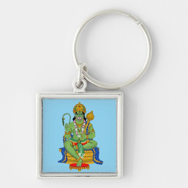 Lord Hanuman Keychain Fyrkantig Silverfärgad Nyckelring (Framsidan)